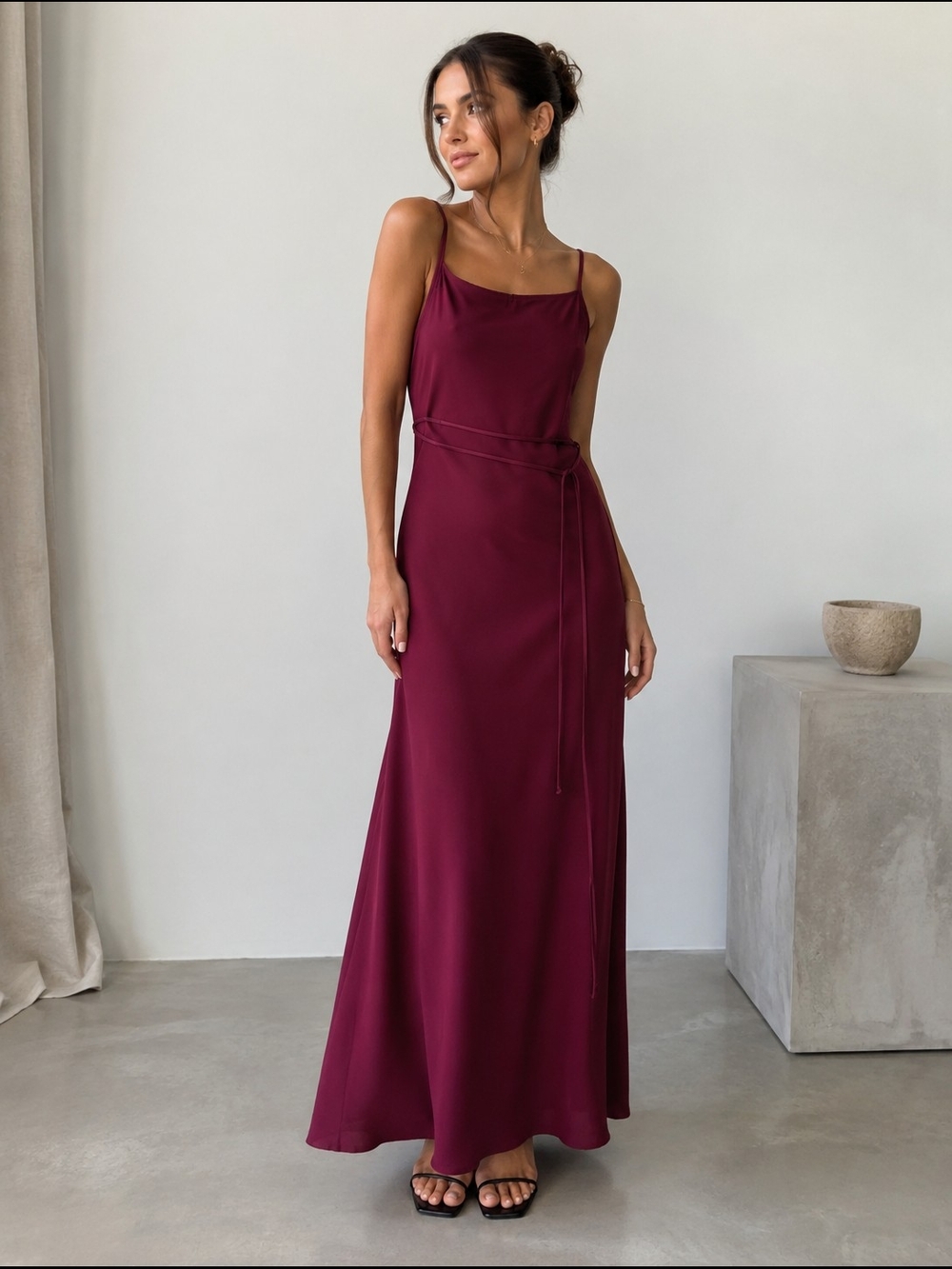 Fairweather Classic Burgundy Slip Maxi Dress with Waist Tie